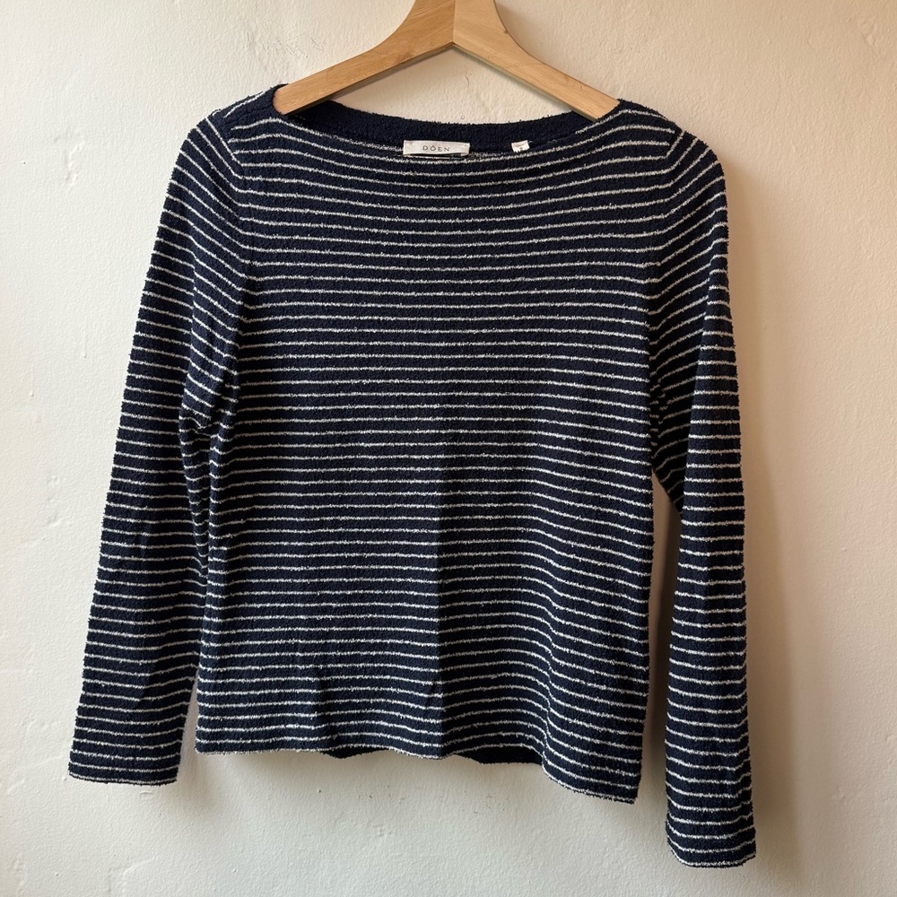Doen, Boatneck Long Sleeve Top, Navy and White Striped, Small